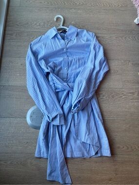 Striped BlueButton-Up Shirt Dress with Tie Waist